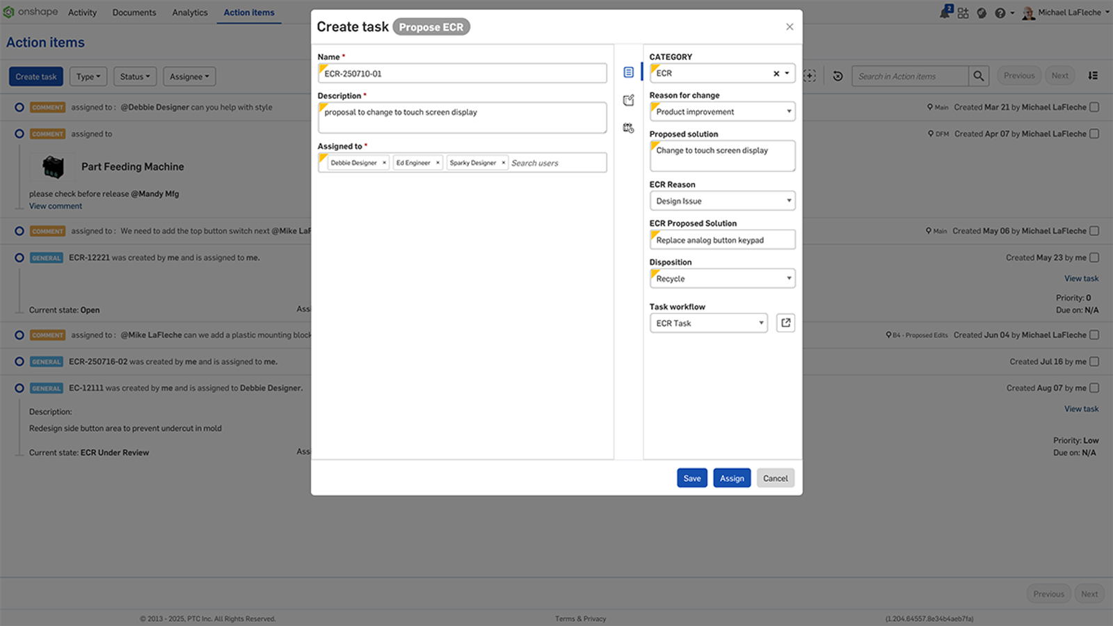 Onshape GUI showing the Action Items screen, assignments, and custom ECR.