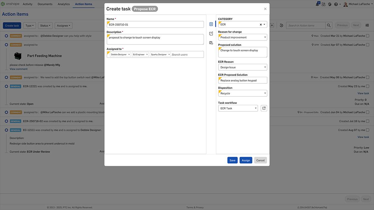 Onshape GUI showing the Action Items screen, assignments, and custom ECR.