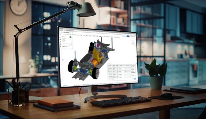 Stock images of a computer monitor on a desk showing a 3D CAD model in Onshape.