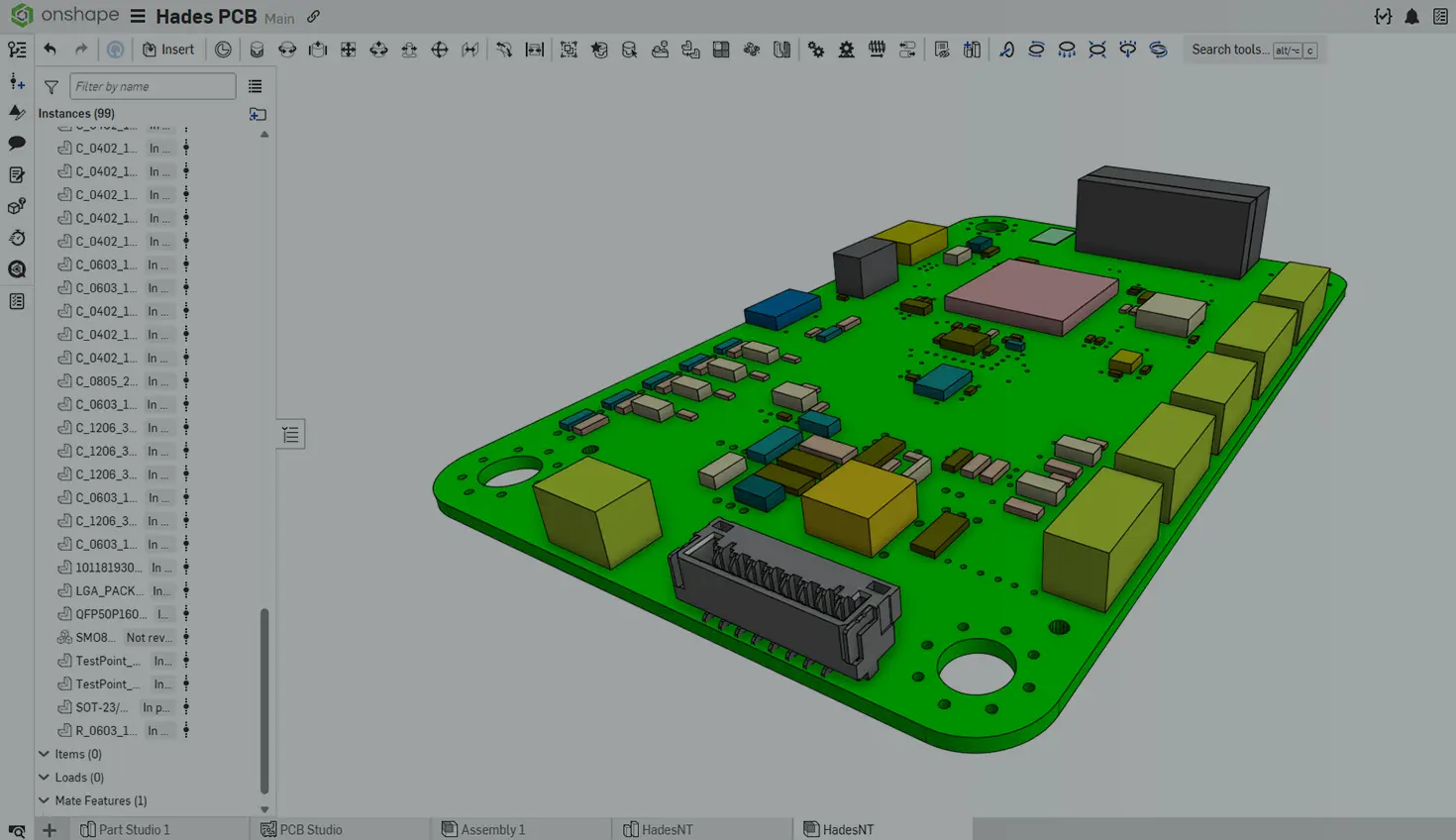 Onshape GUI with an overlay showing a PCB board.