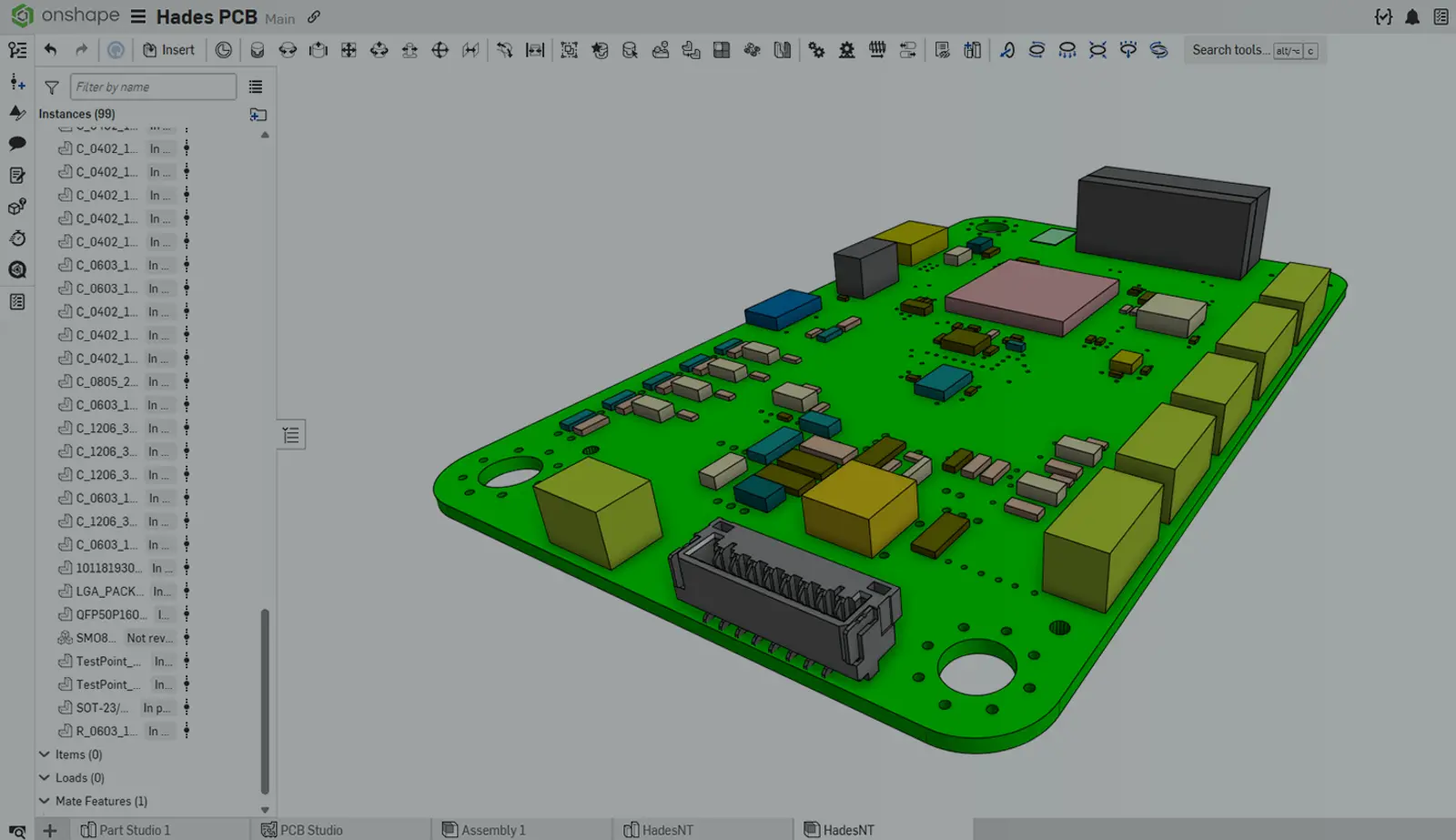 Onshape GUI with an overlay showing a PCB board.