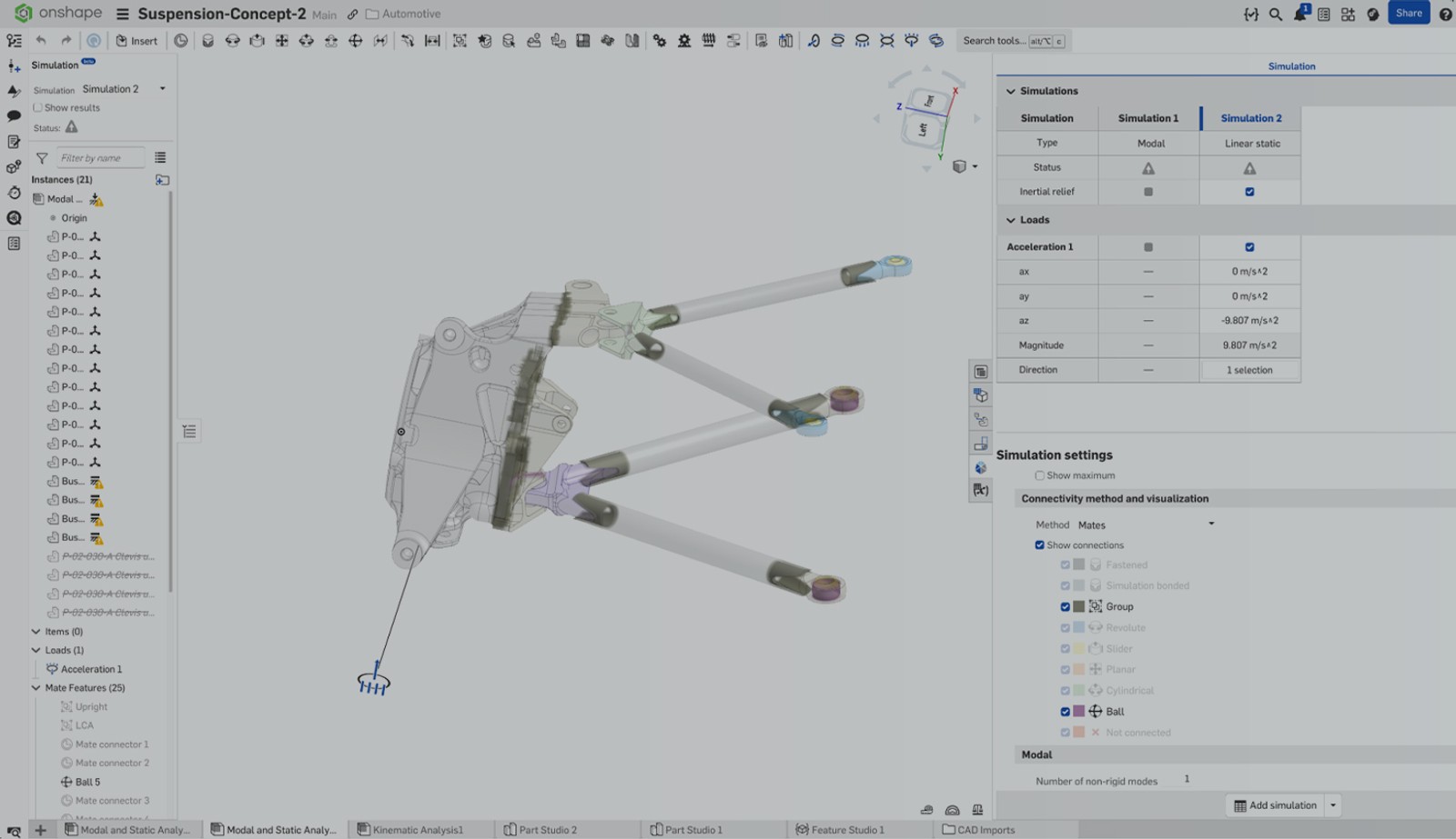 Onshape GUI with an overlay showing a model of a suspension concept. 