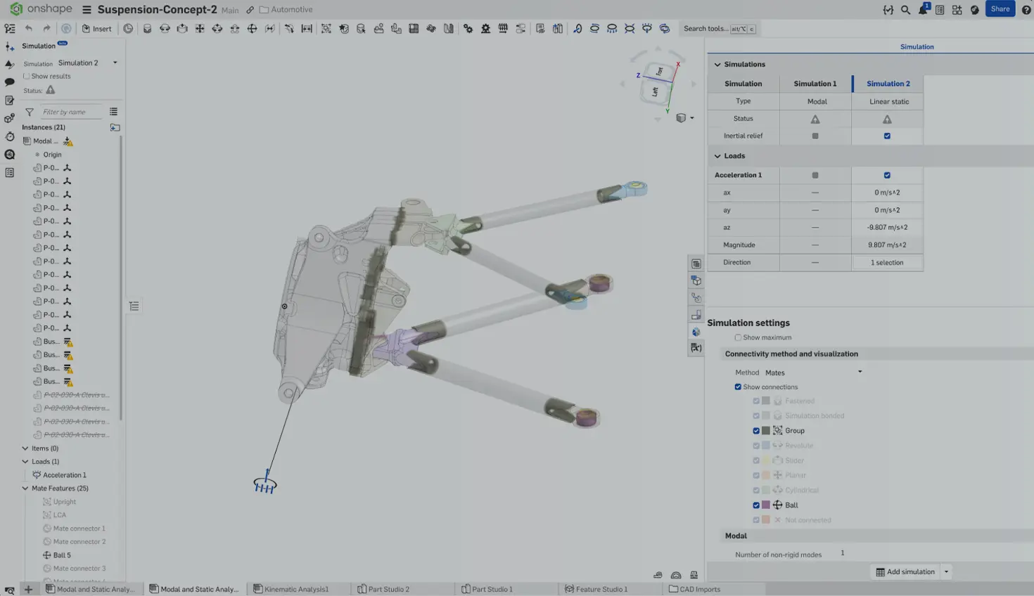 Onshape GUI with an overlay showing a model of a suspension concept.