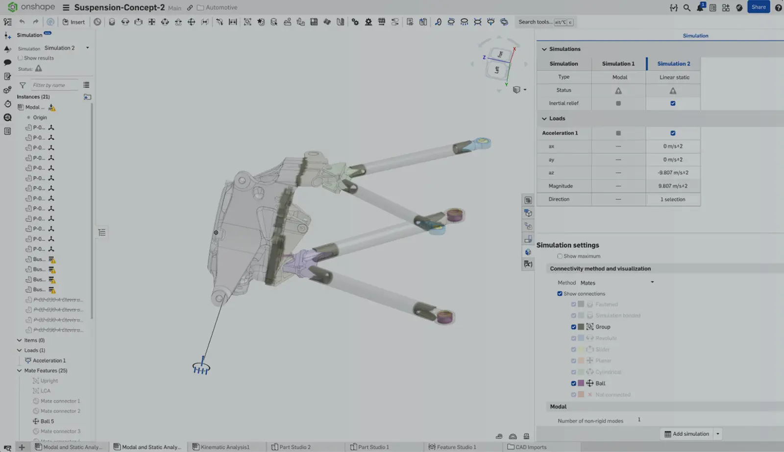 Onshape GUI with an overlay showing a model of a suspension concept. 