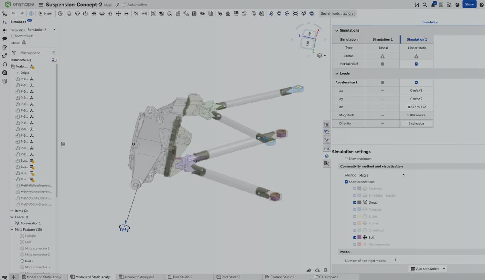 Onshape GUI with an overlay showing a model of a suspension concept. 