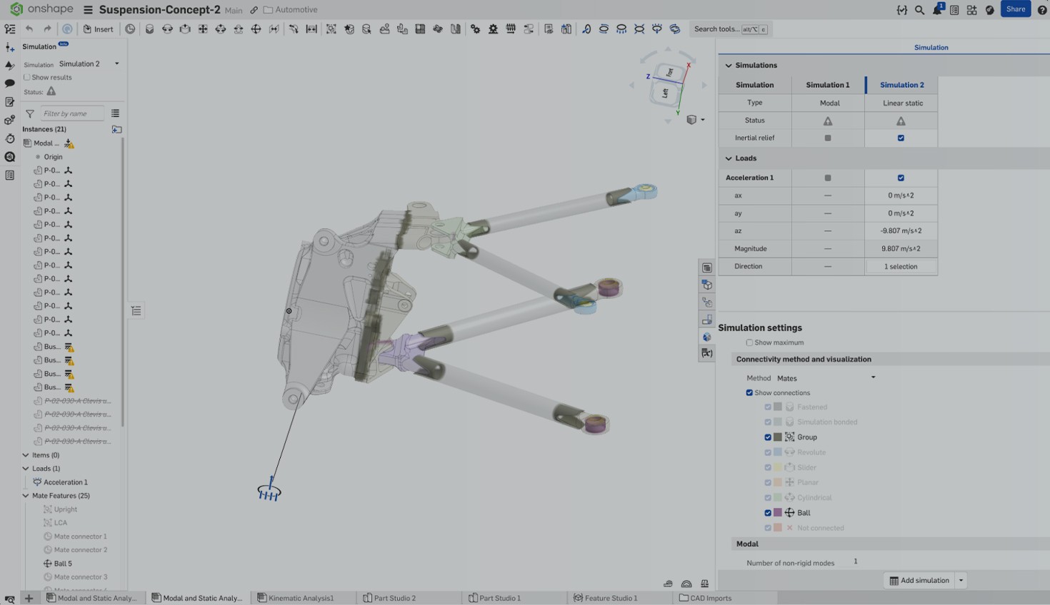 Onshape GUI with an overlay showing a model of a suspension concept.