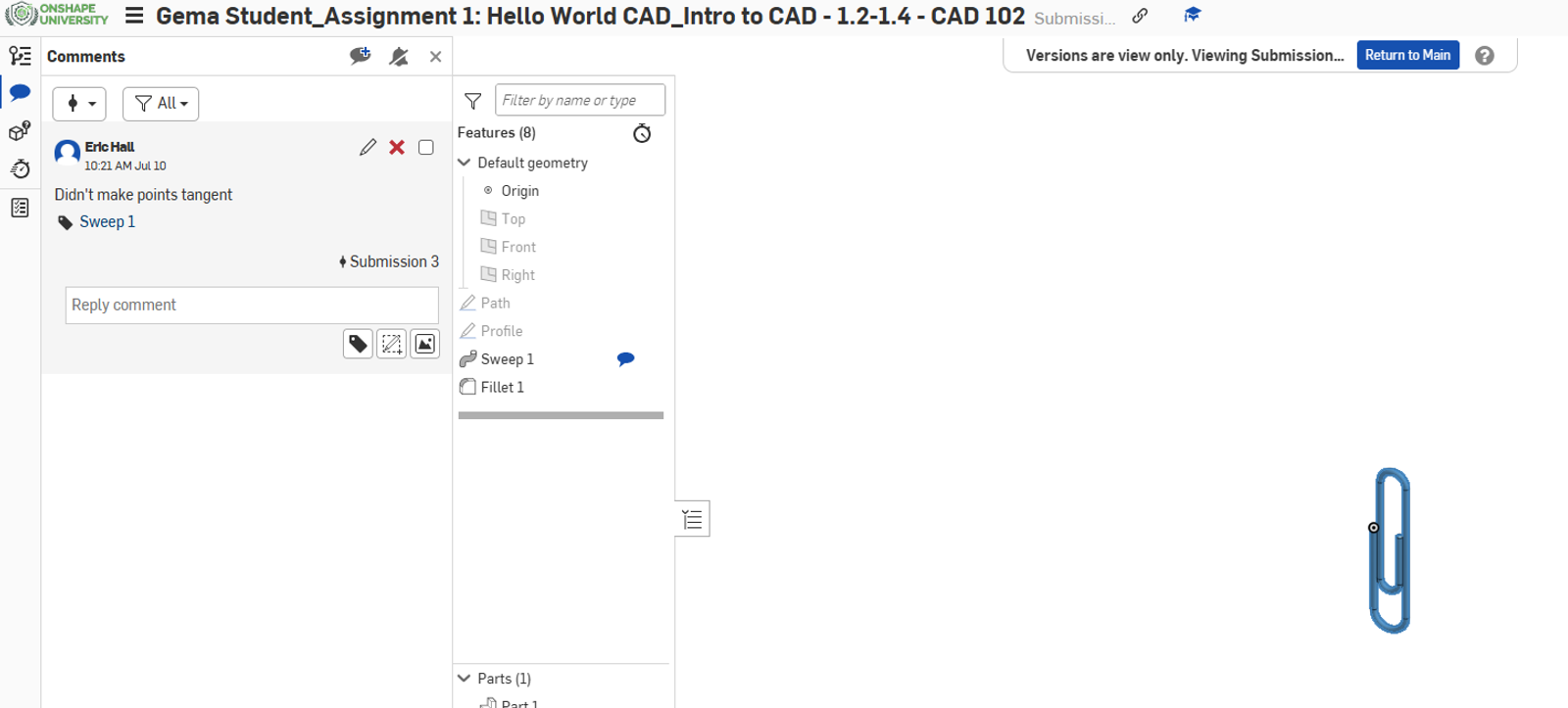 Onshape GUI showing a student assignment of a 3D modeled-paperclip. 