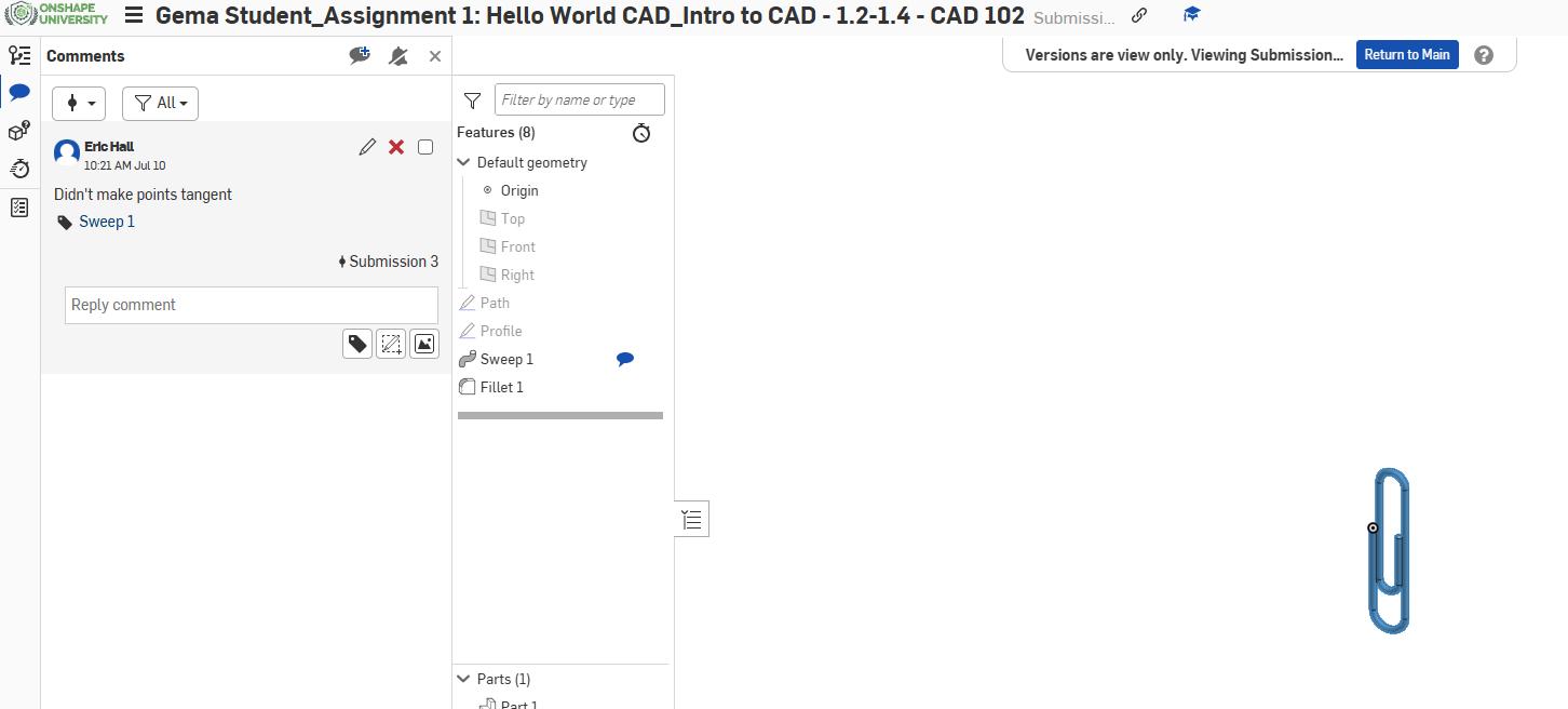 Onshape GUI showing a student assignment of a 3D modeled-paperclip.