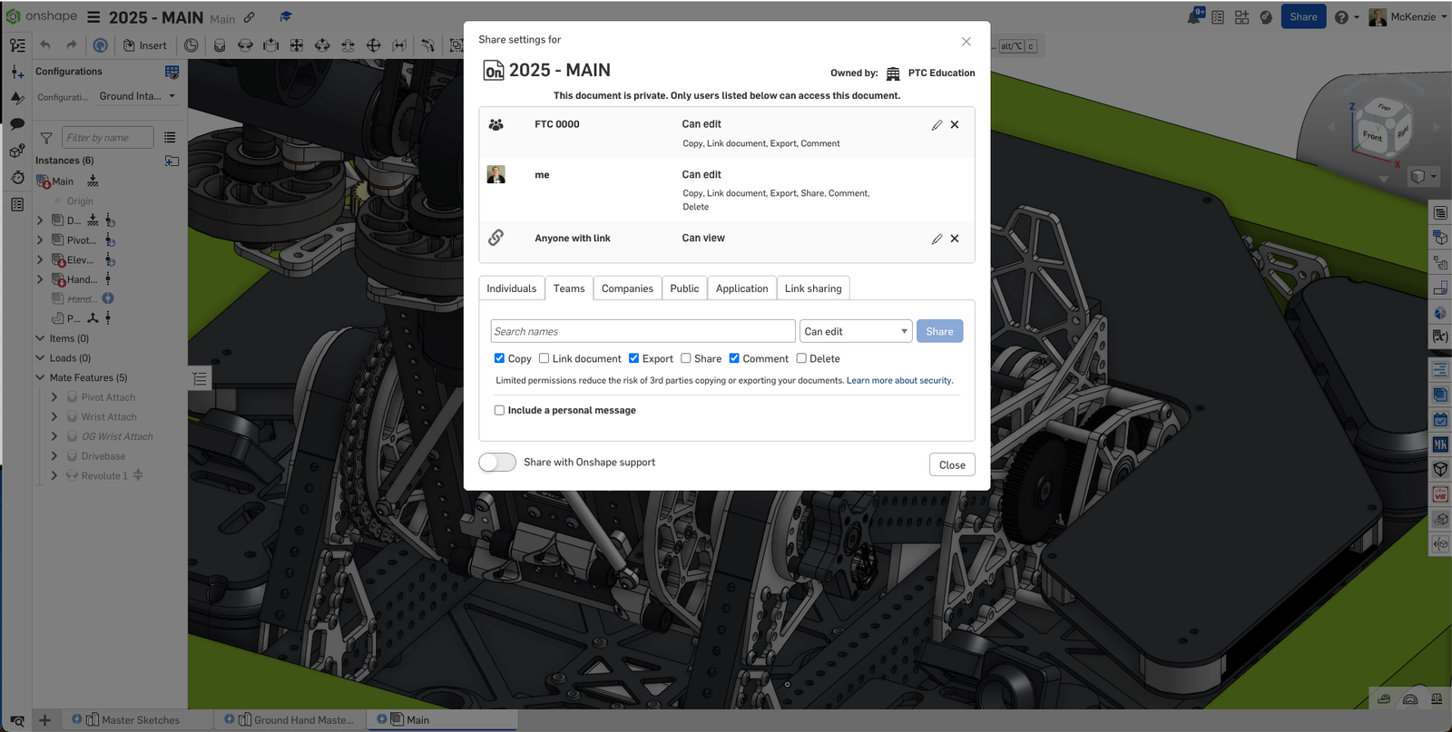 Onshape GUI showing Share settings in a Document.