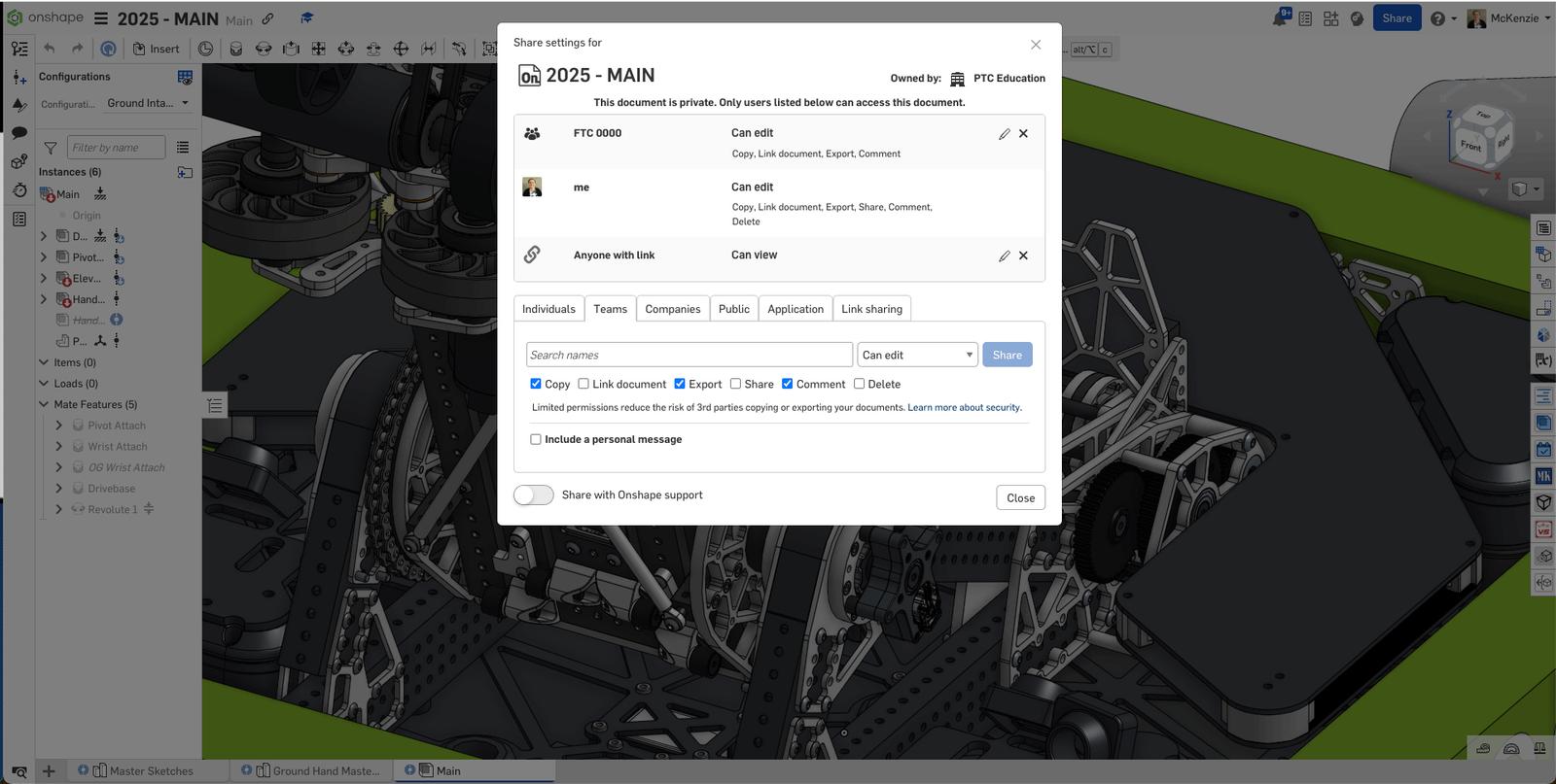 Onshape GUI showing Share settings in a Document.