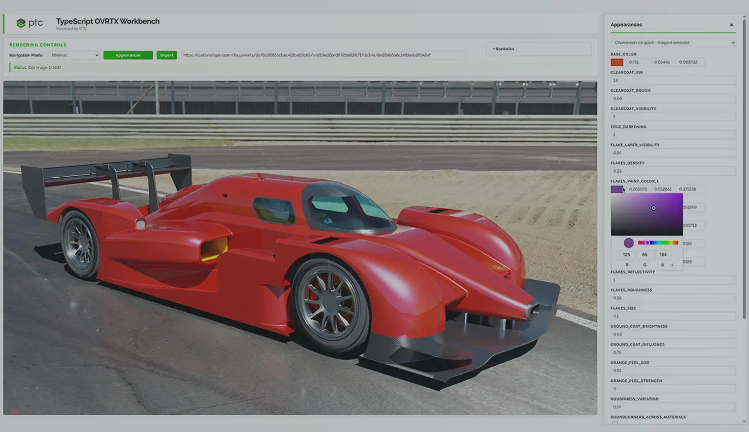 GUI with an overlay showing a CAD model fully rendered using Onshape and NVIDIA Omniverse libraries