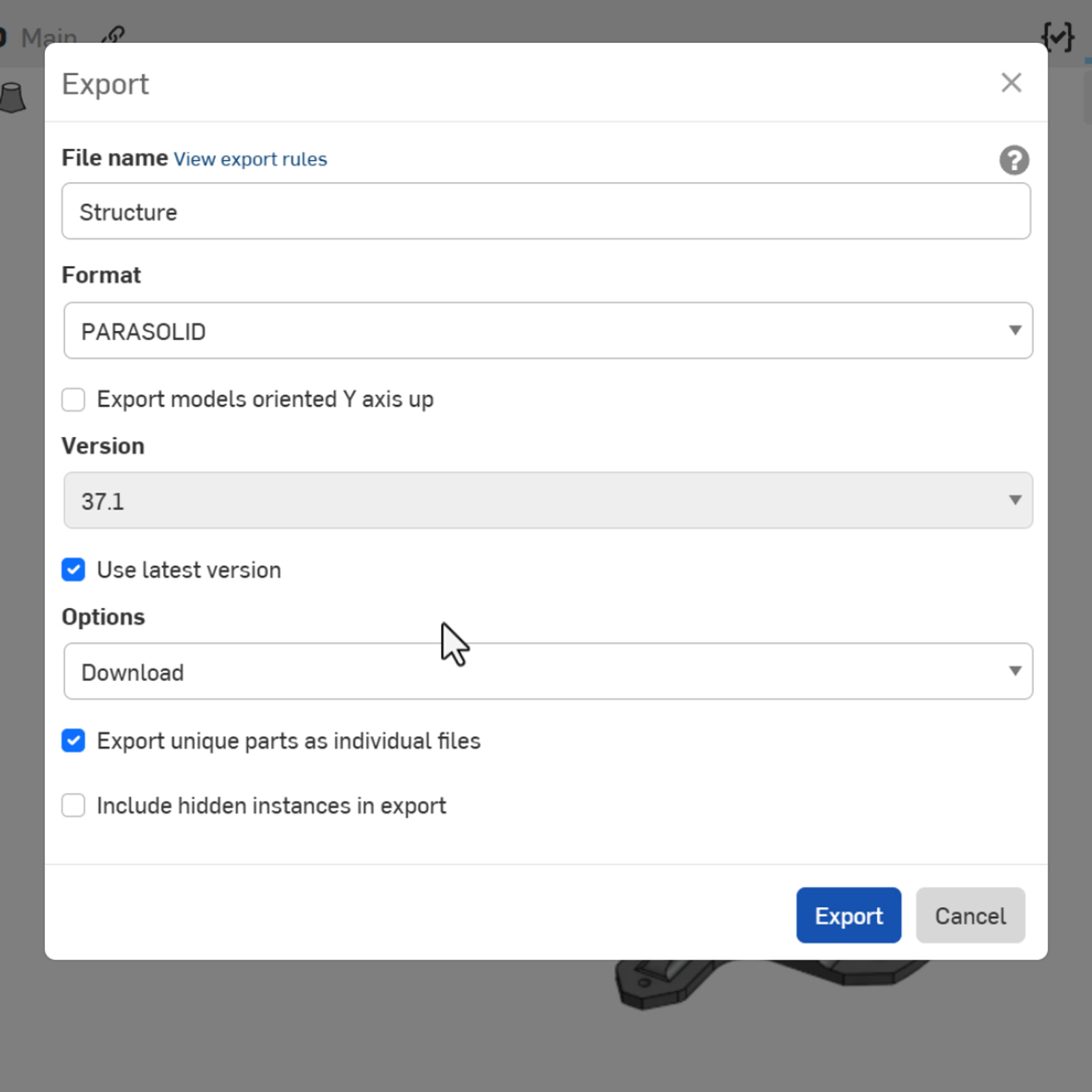 Closeup of Onshape GUi showing the Export dialog blog.