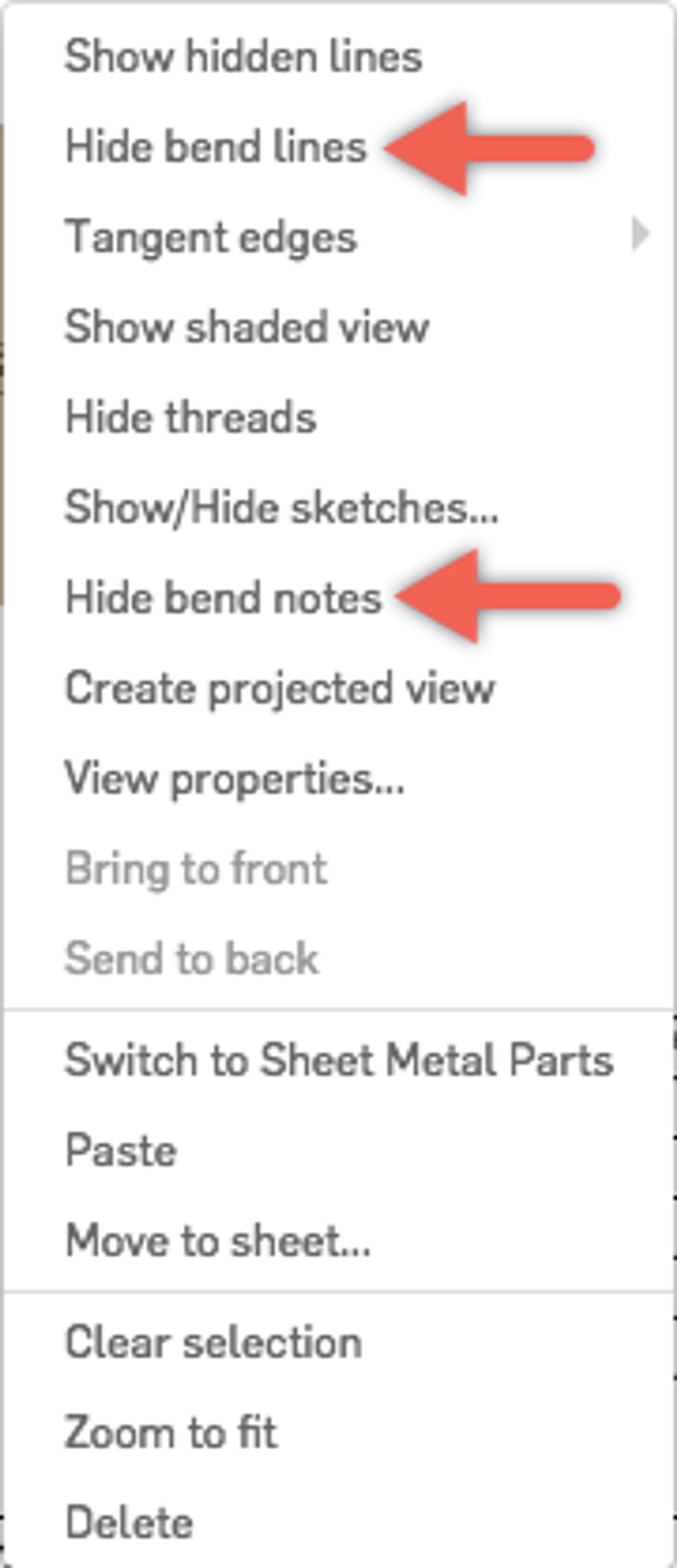 Onshape GUI showing a closeup of options to hide bend lines and hide bend notes.