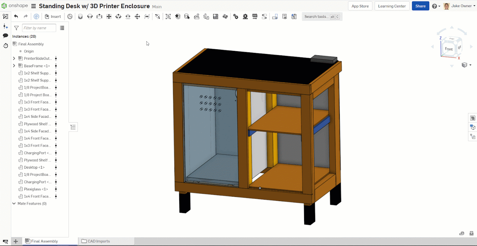 Gif showing how to use the Group function in Onshape to group multiple parts and fix them relative to one another