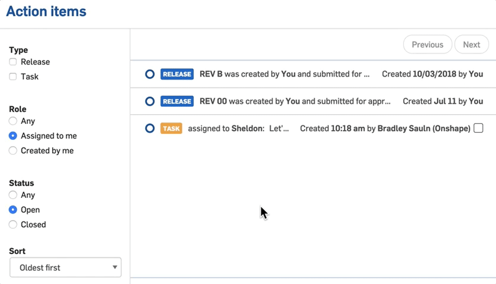 Animation of how to access a release candidate through action items in Onshape