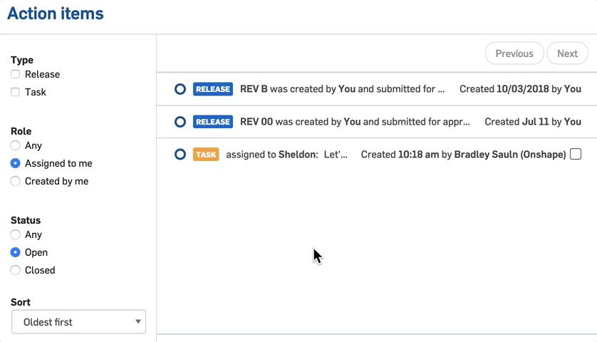 Animation of how to access a release candidate through action items in Onshape