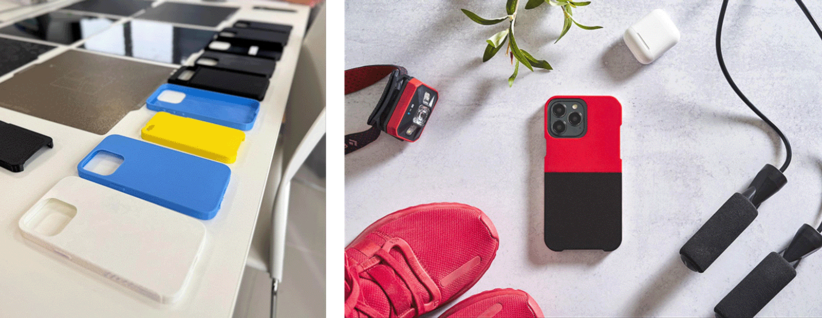 Two images showing custom phone cases in white, blue, yellow, and red, developed by Red Wolf Technology.