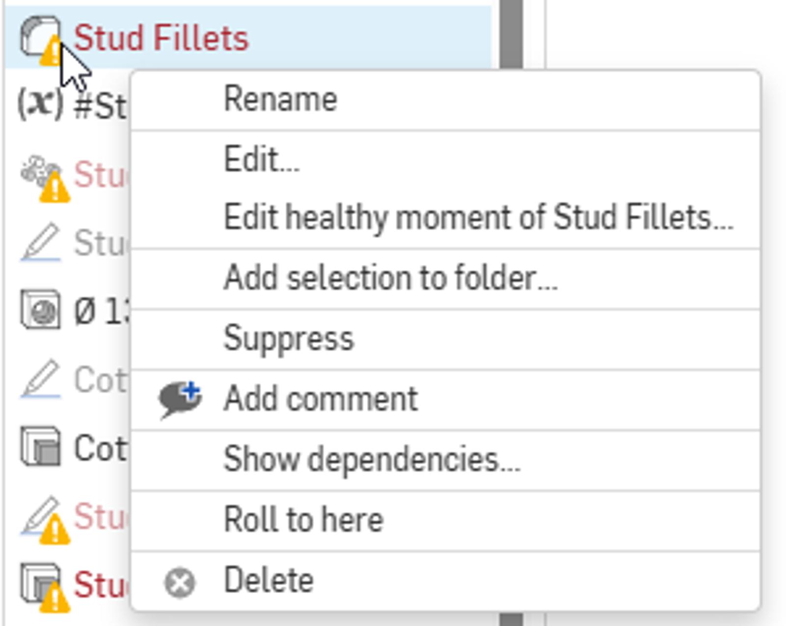 Image showing editing options for a Stud Fillets feature in Onshape.