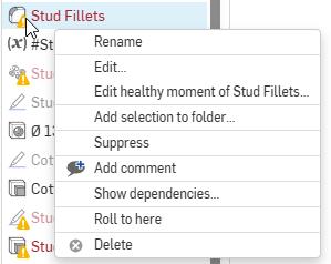 Image showing editing options for a Stud Fillets feature in Onshape.