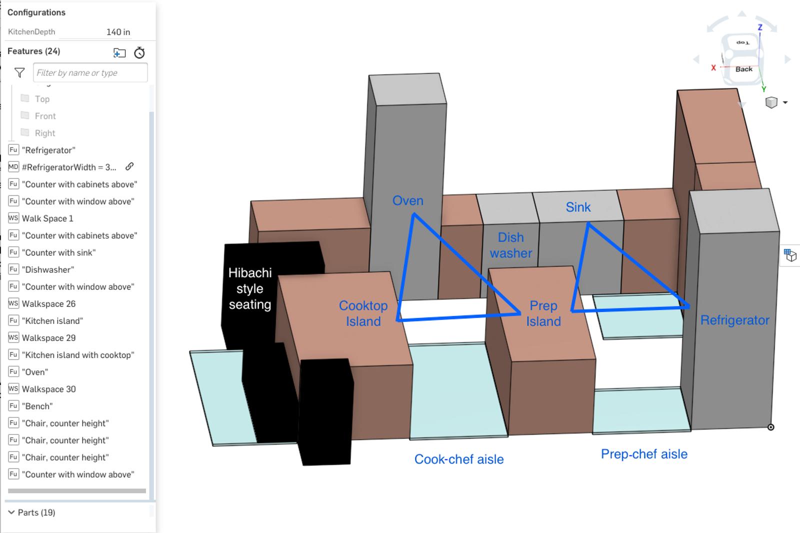 Screenshot of a kitchen layout that is built around the designer's love for cooking side by side with her significant other. The design was created with FeatureScript, Onshape's open-source programming language that lets you easily create custom CAD features.