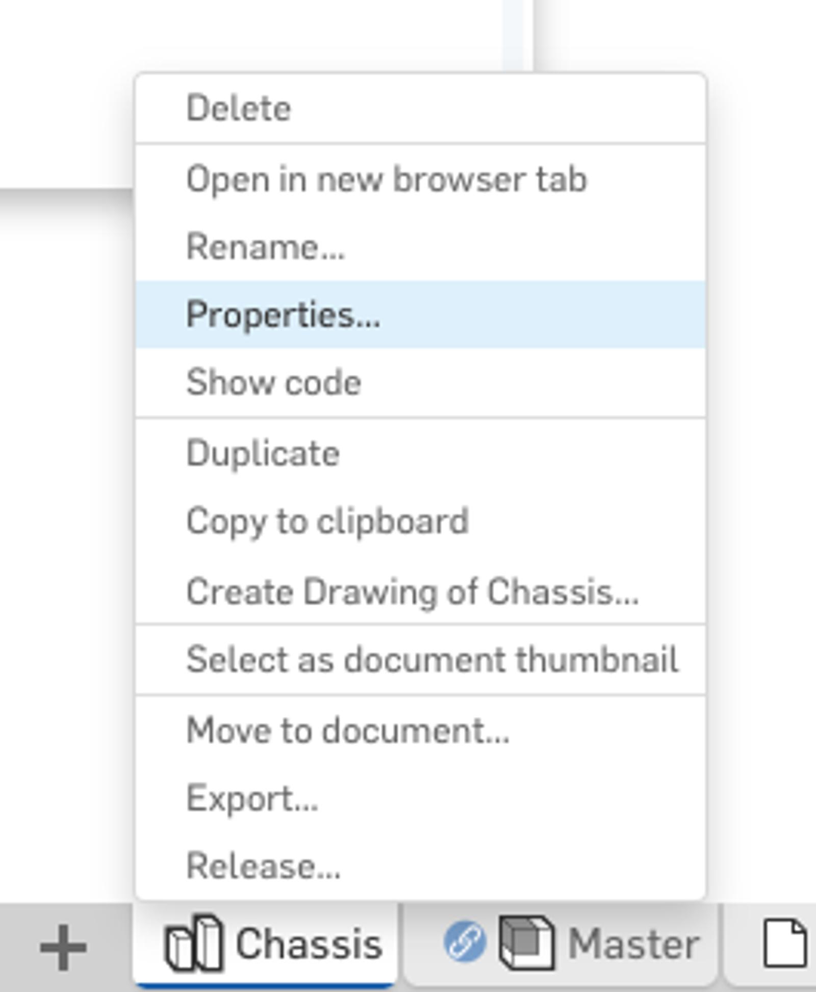 Screenshot showing where to navigate to modify part properties in Onshape.
