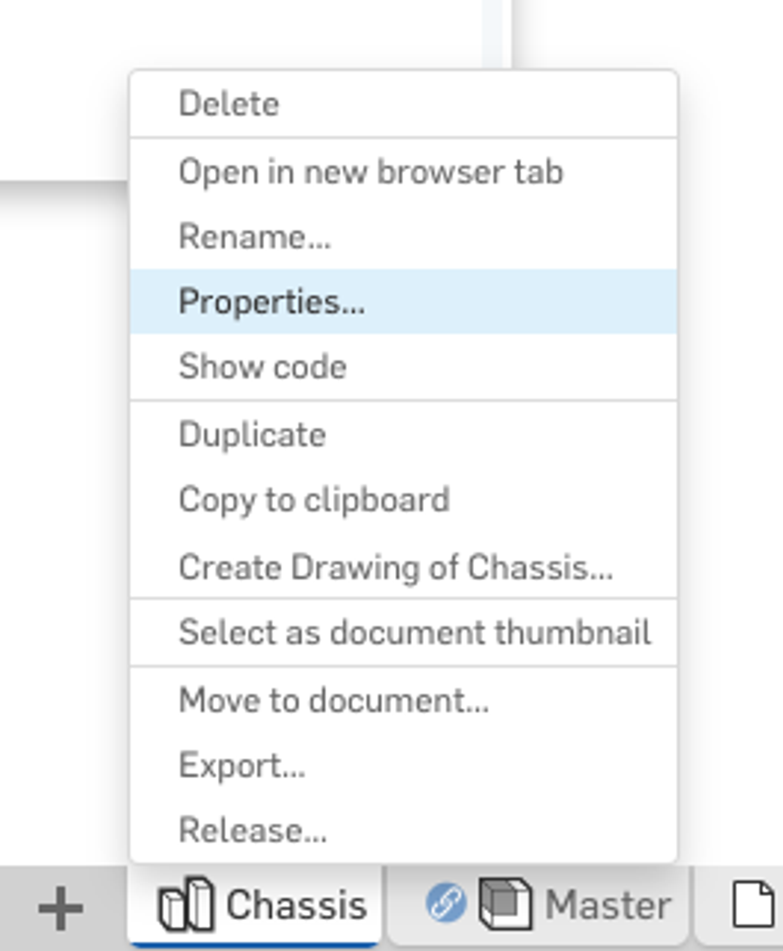 Screenshot showing where to navigate to modify part properties in Onshape.