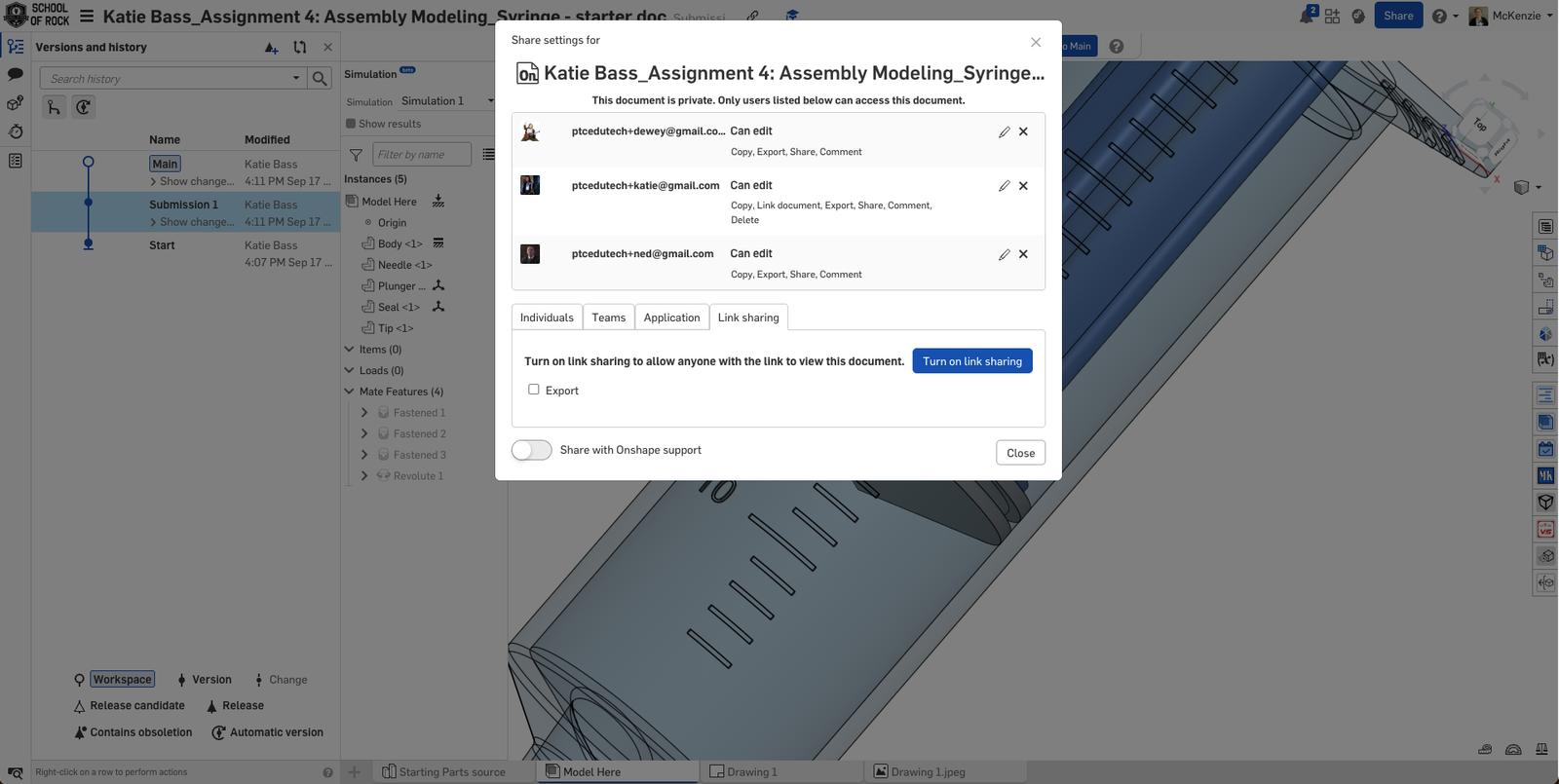 Screenshot showing Share settings for a 3D assembly modeled in Onshape.