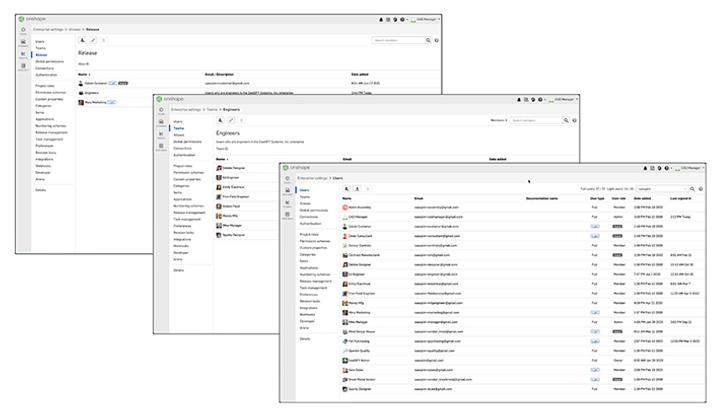 Collage of three Onshape GUIs showing list of users and teams.