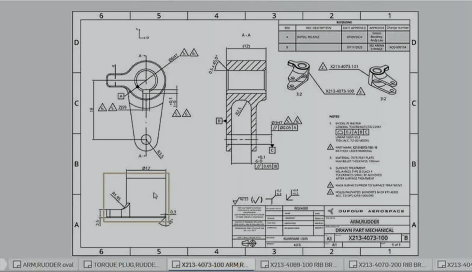Onshape GUI showing a drawing created by Dufour Aerospace
