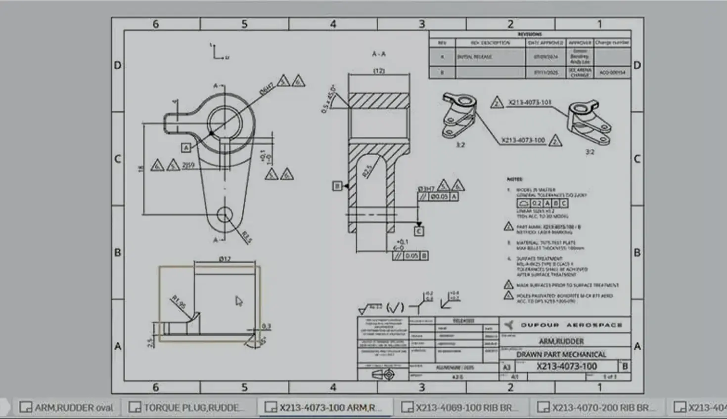 Onshape GUI showing a drawing created by Dufour Aerospace