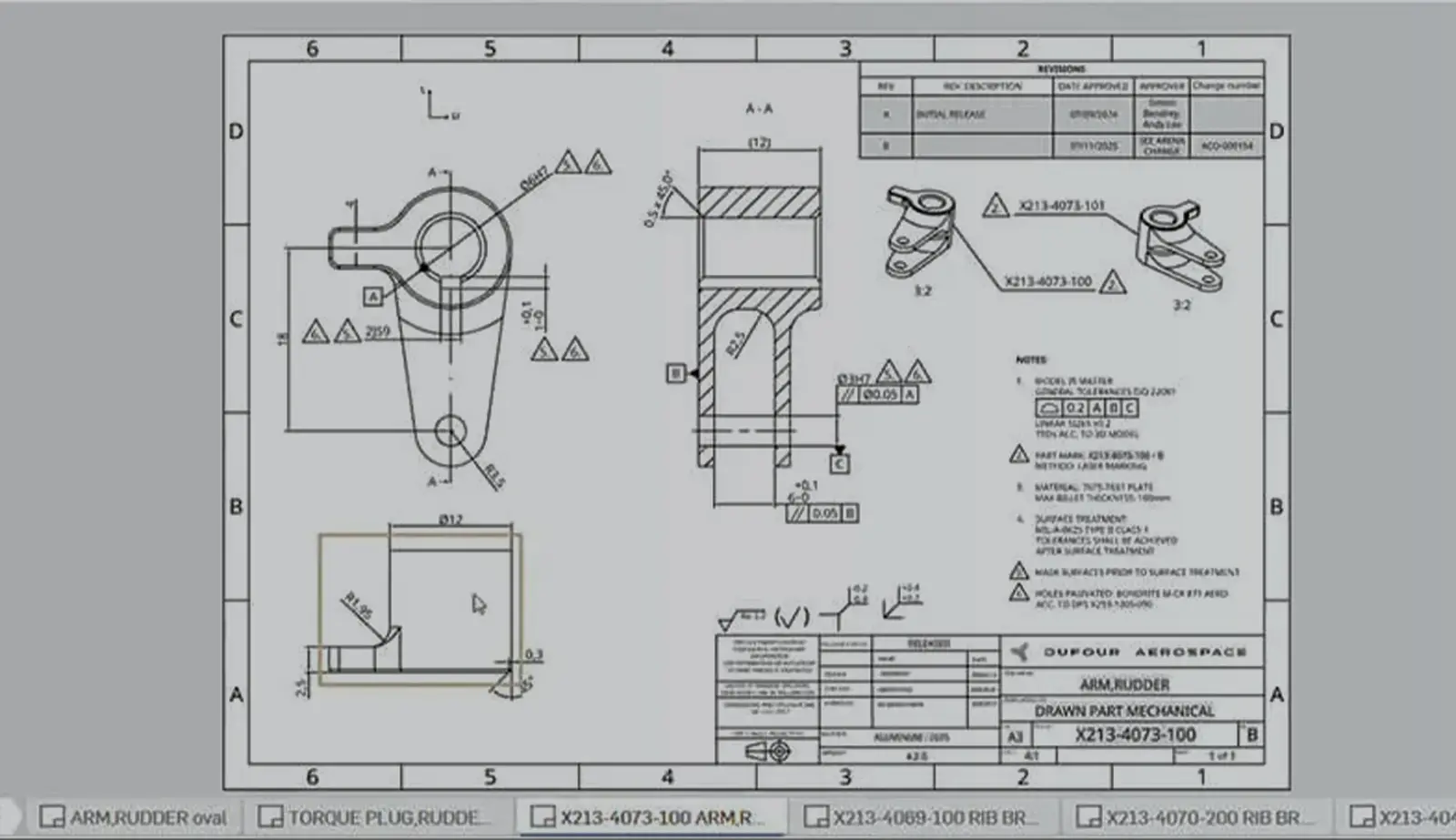 Onshape GUI showing a drawing created by Dufour Aerospace