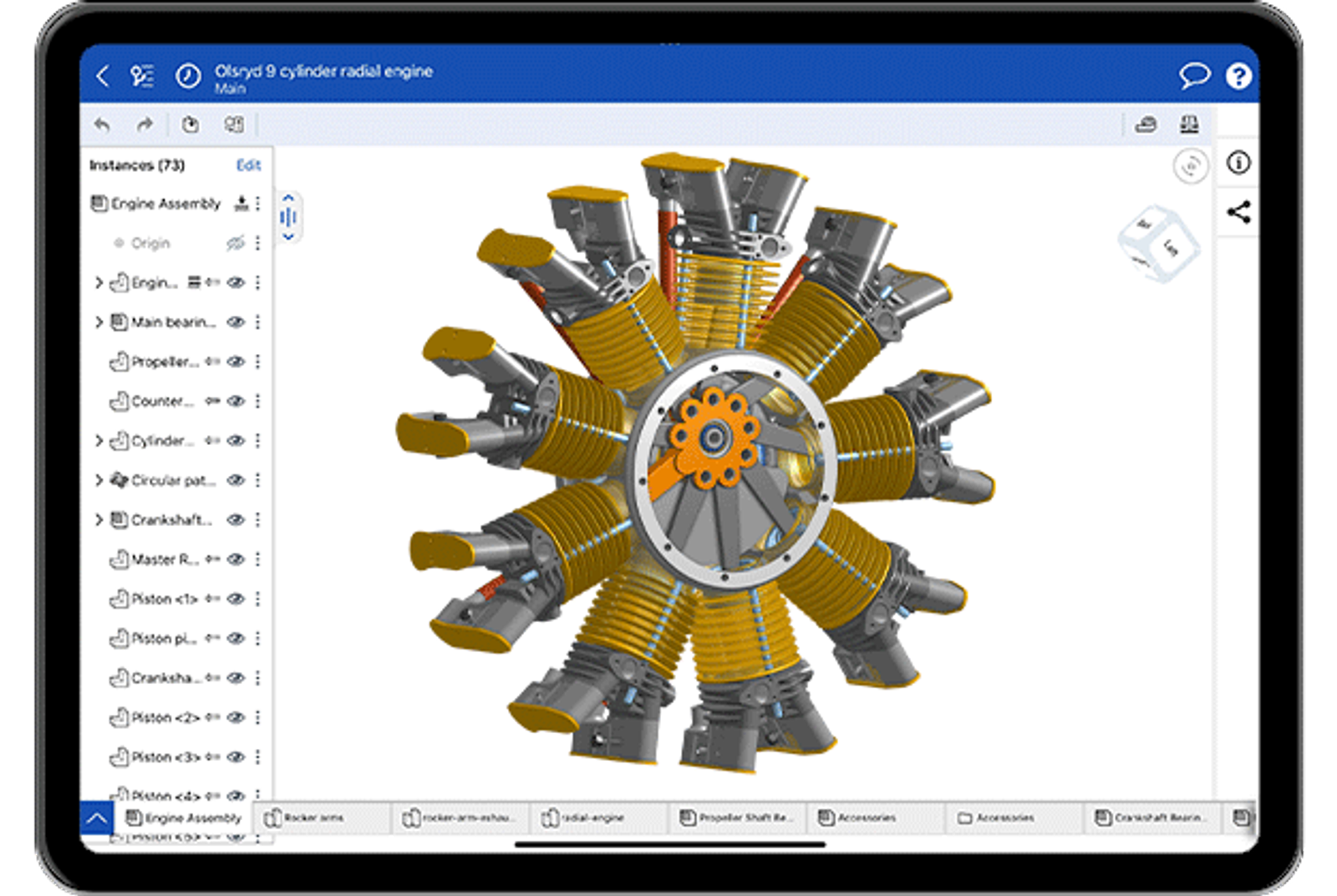 A CAD model of an engine shown in Onshape on an Ipad