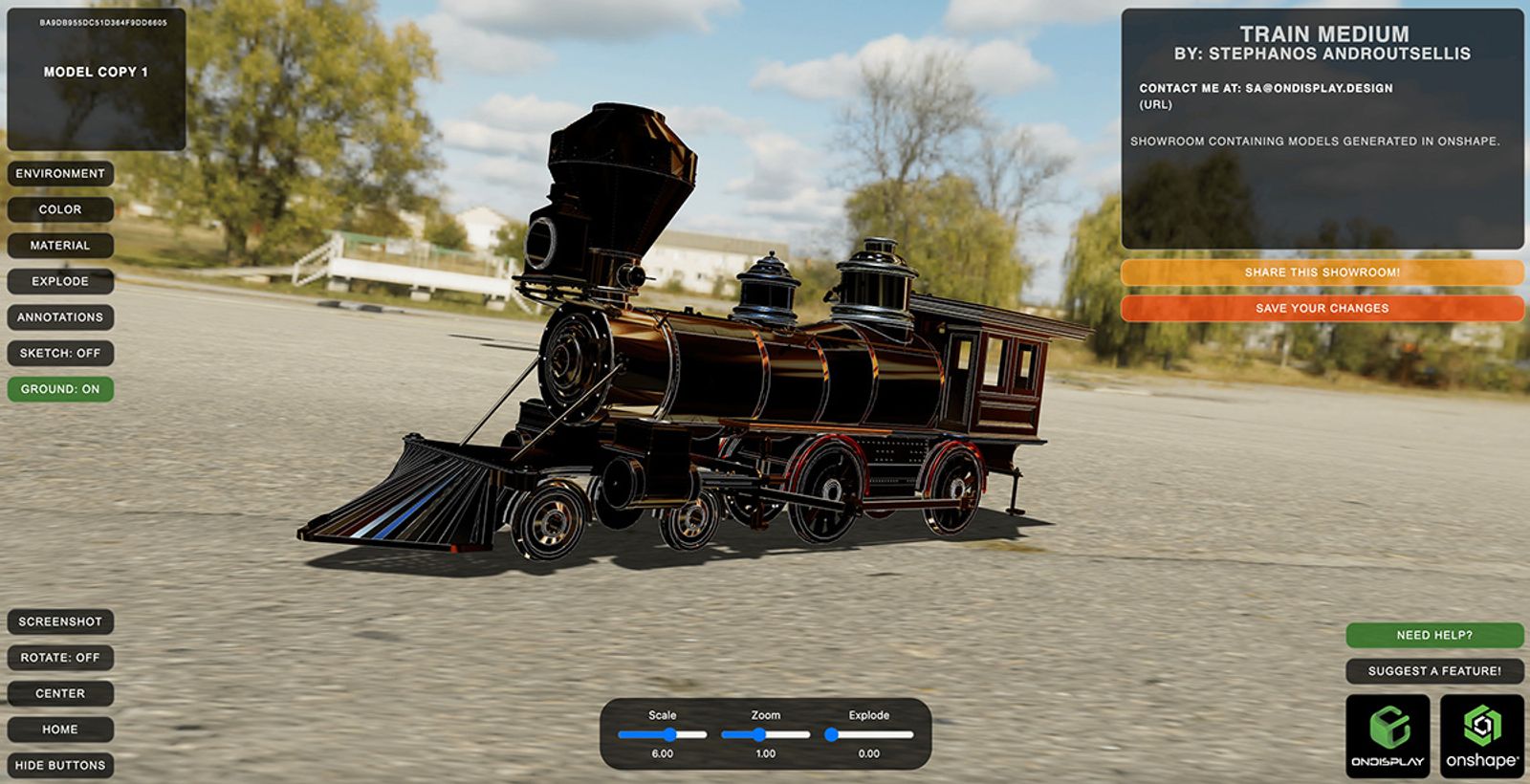 Screenshot showing a 3D-modeled train in an interactive showroom created using OnDisplay. 