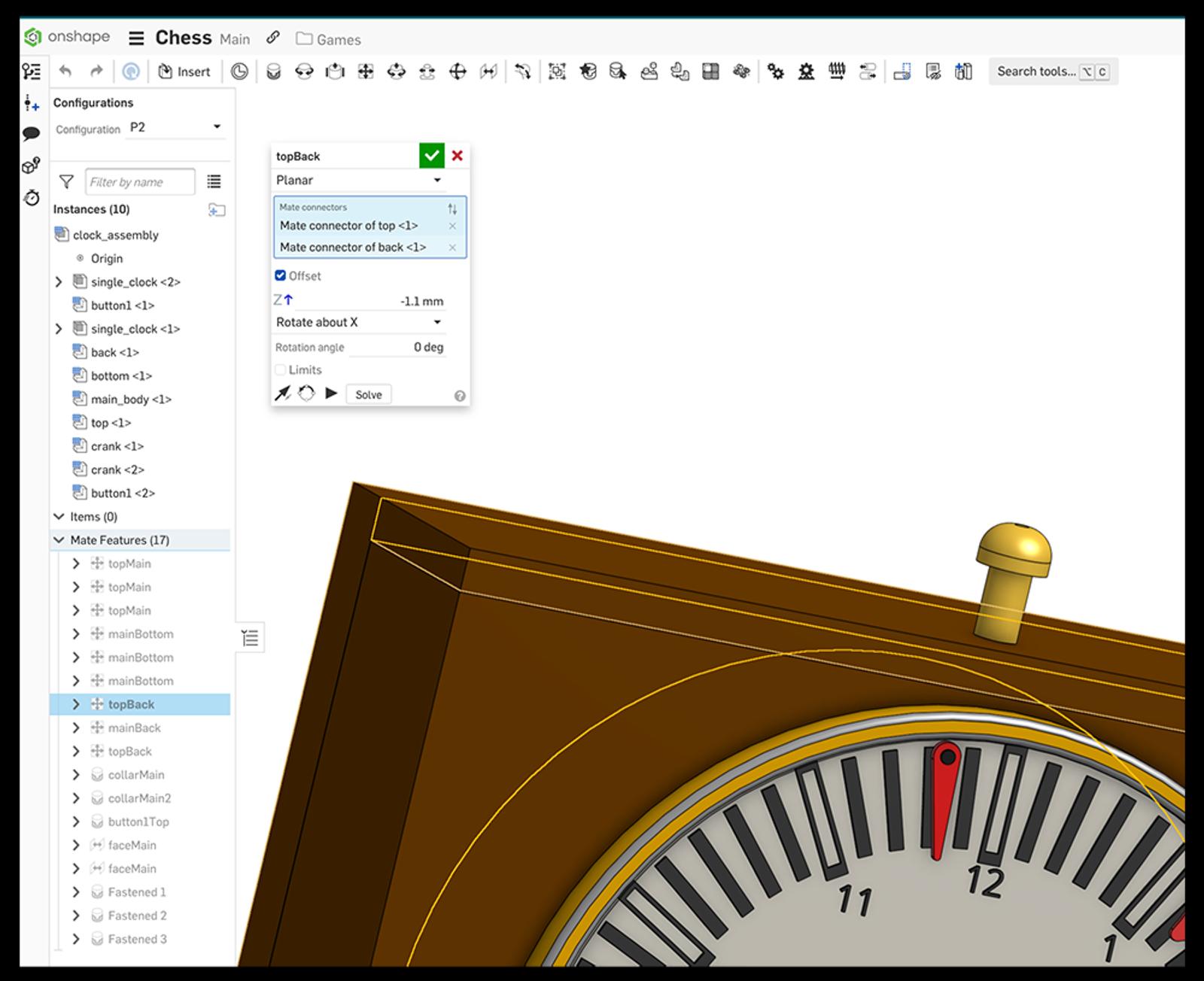 Closeup of clock in Onshape