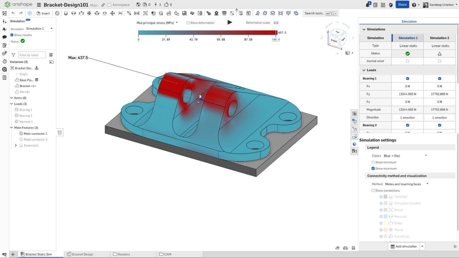 Onshape GUI showing mx principal stress for a 3D-modeled bracket.
