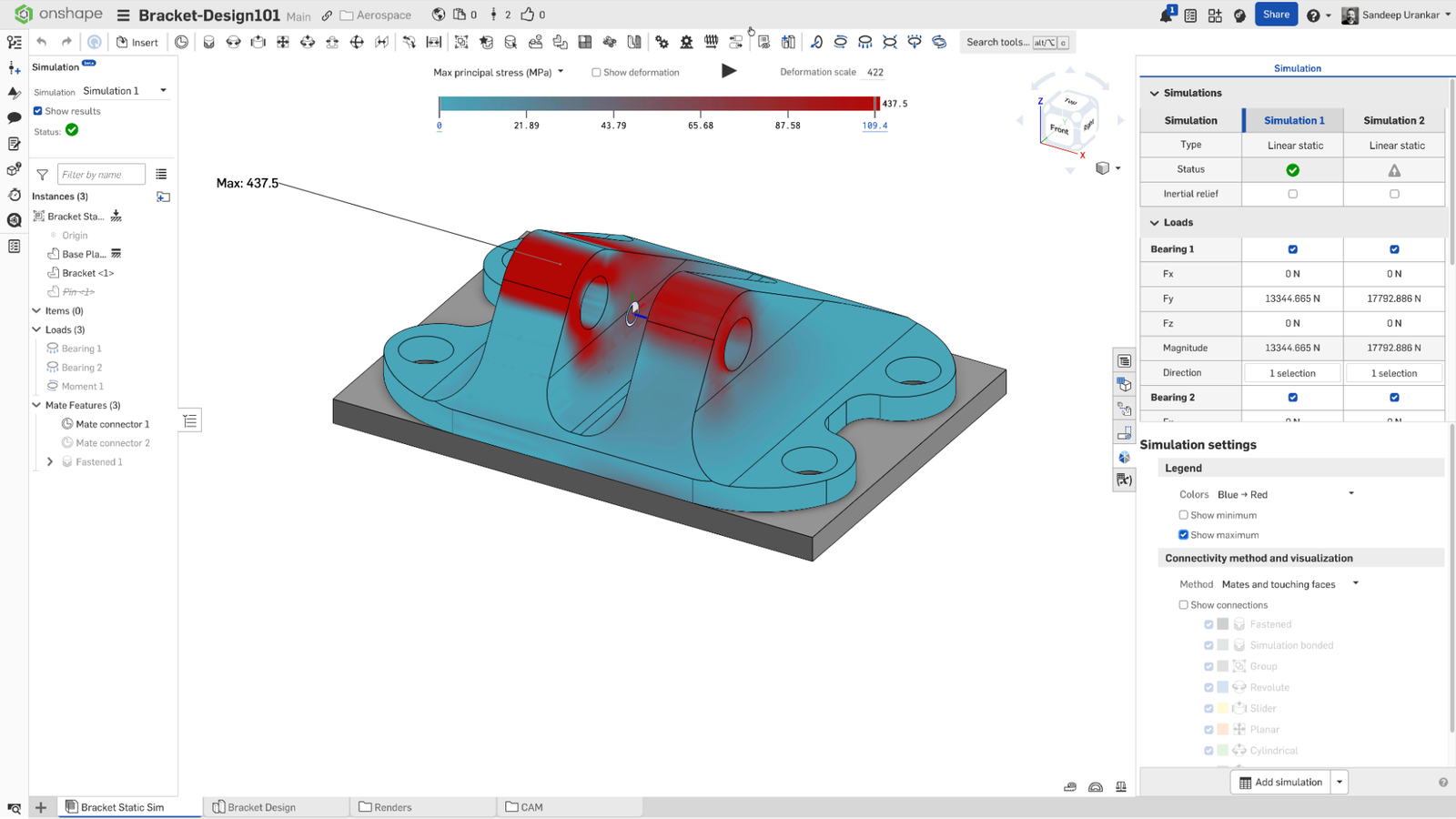 Onshape GUI showing mx principal stress for a 3D-modeled bracket.