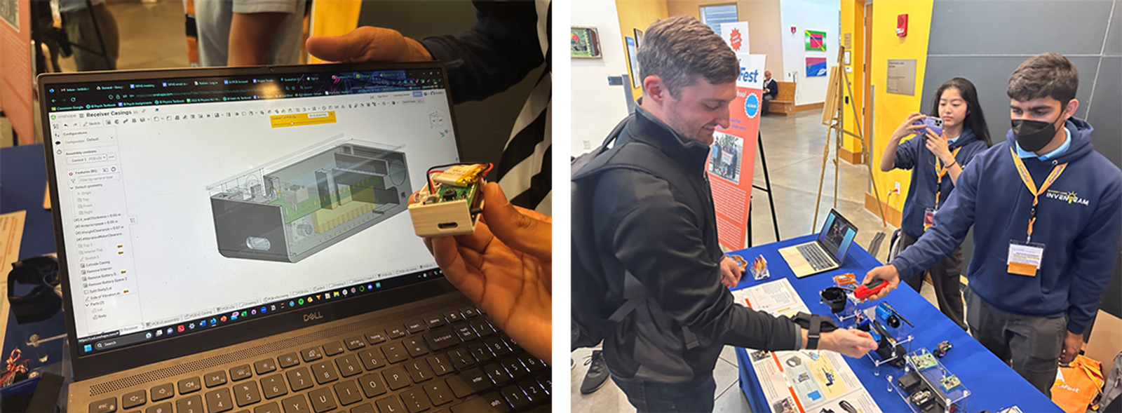 A CAD model on the right, and attendees at the EurekaFest on the left.