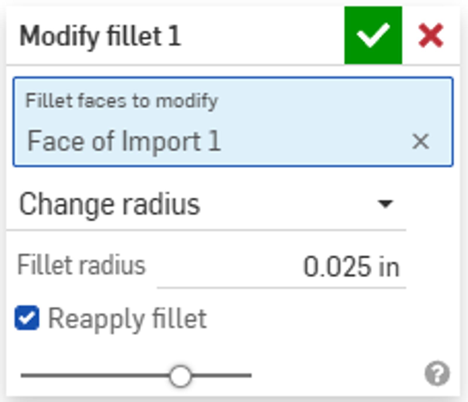 Onshape GUI showing the Modify fillet tool dialog.