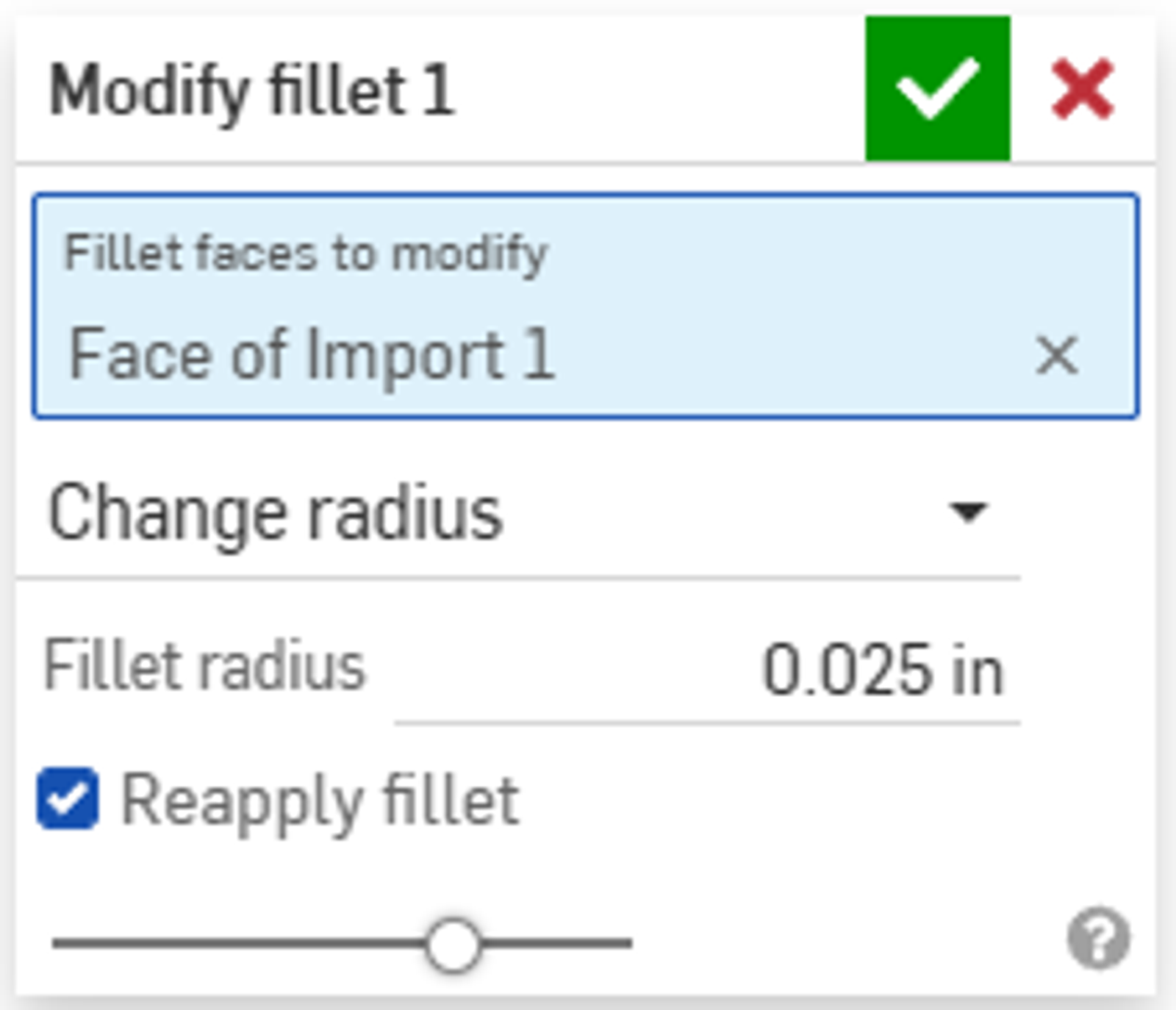 Onshape GUI showing the Modify fillet tool dialog.
