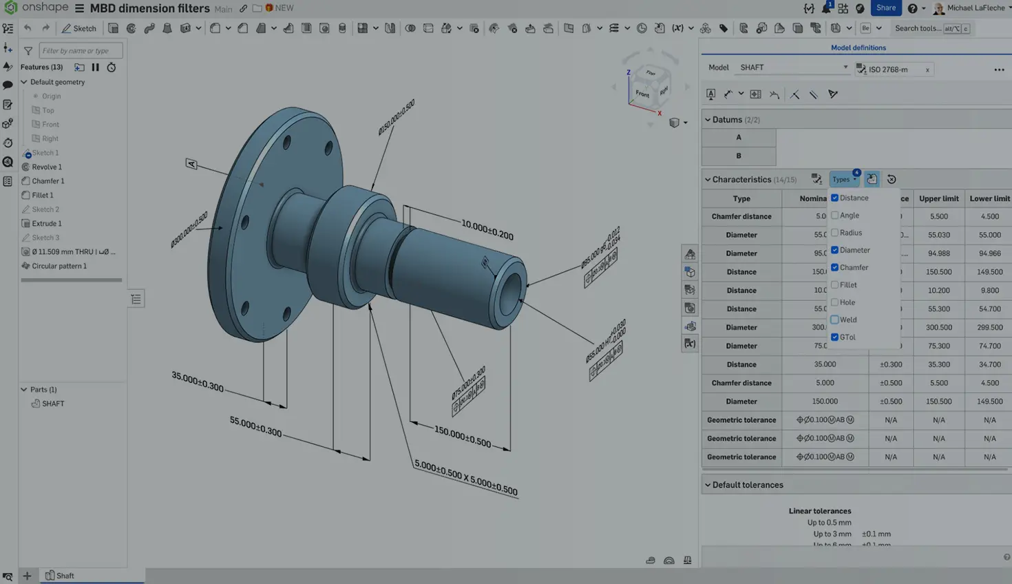 Onshape GUI showing a CAD model with the MBD table open.