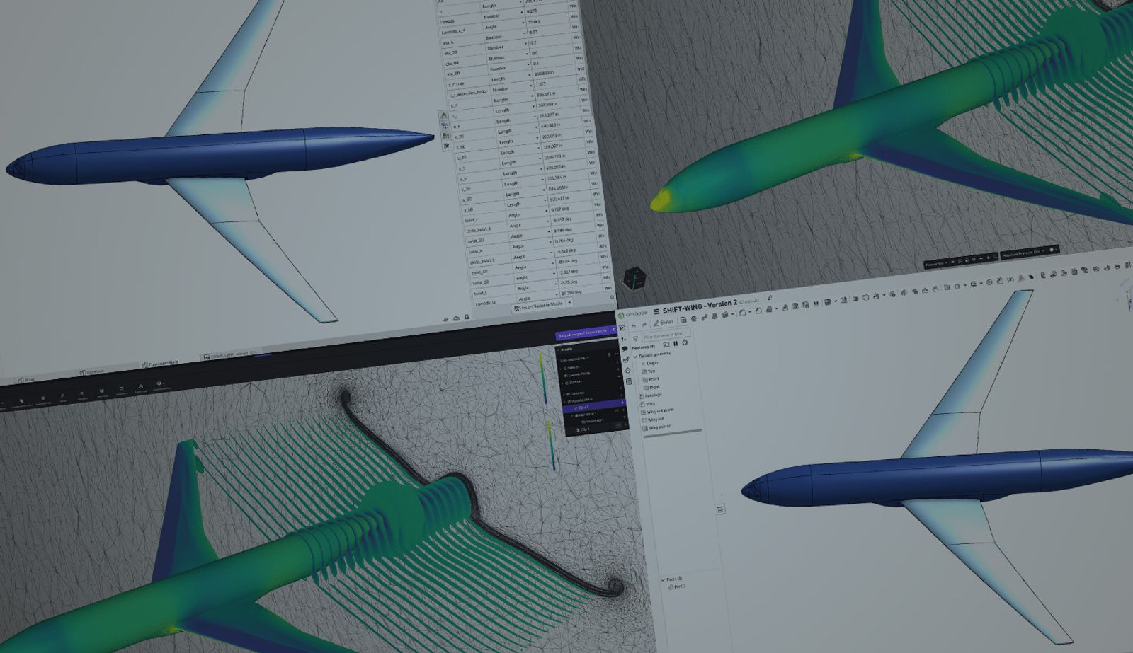 Collage of two images with an overlay showing a 3D model of a plane in Onshape and Luminary.