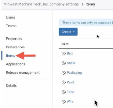 Bill of Materials items list in Onshape