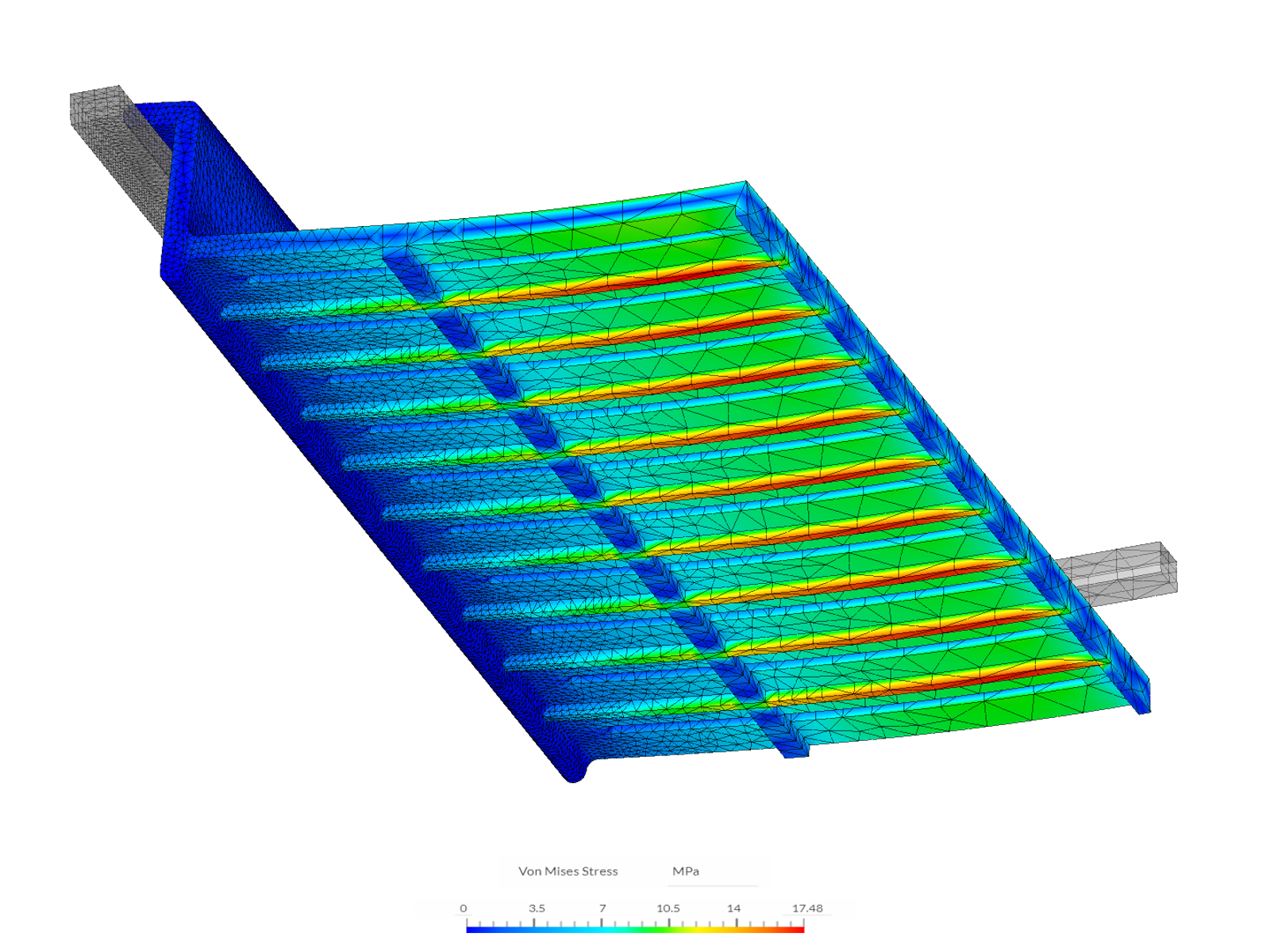 a 3D-modeled shelf with simulation stresses applied.