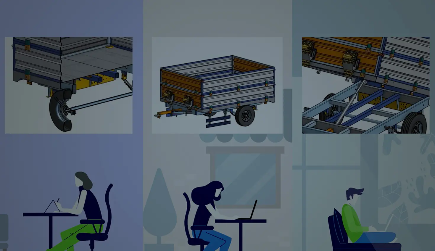 Image with an overlay showing three views of a CAD model.