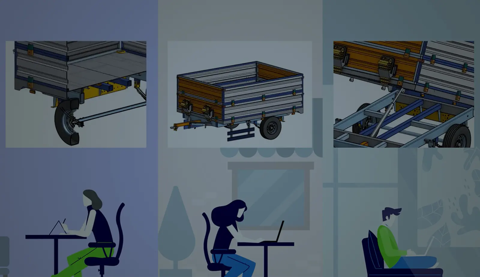 Image with an overlay showing three views of a CAD model.