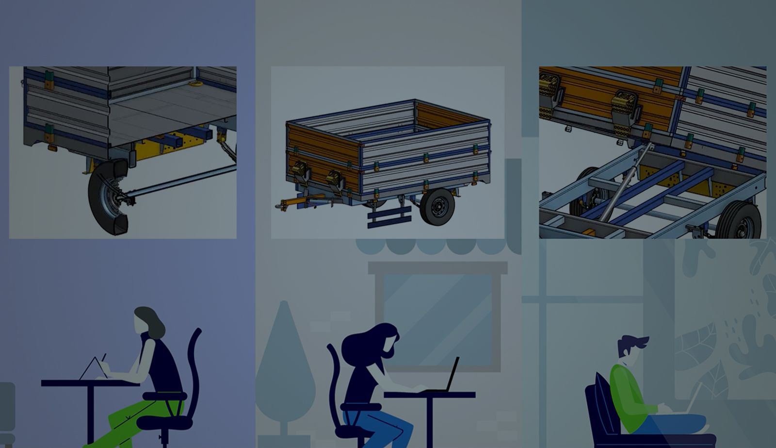 Image with an overlay showing three views of a CAD model.