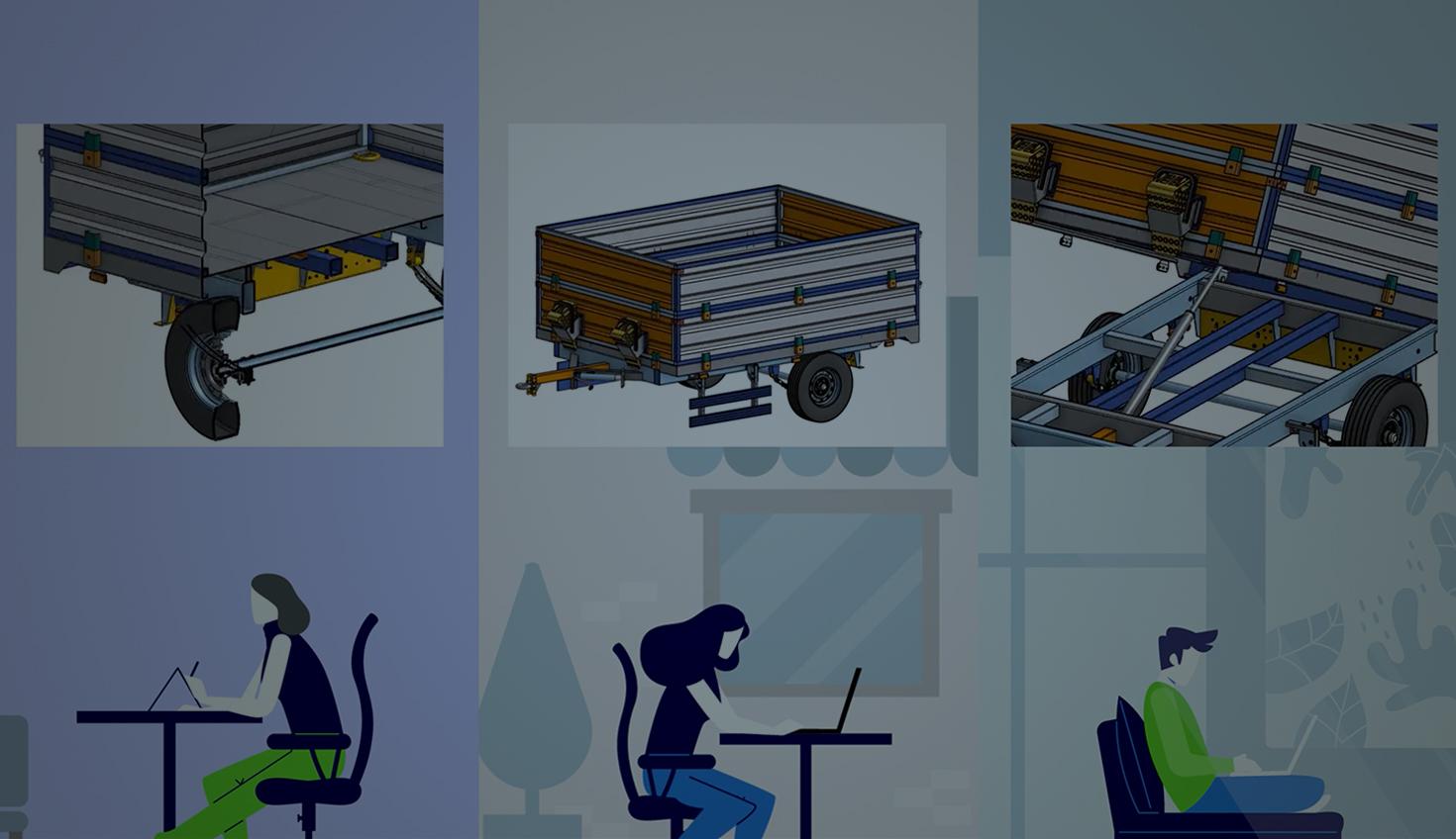 Image with an overlay showing three views of a CAD model.