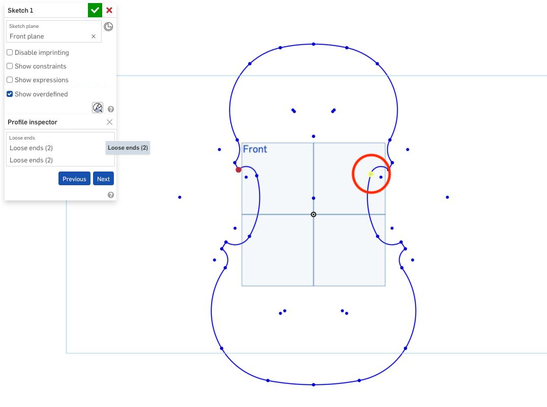 Using the Profile Inspector tool to fix open sketch profiles in Onshape