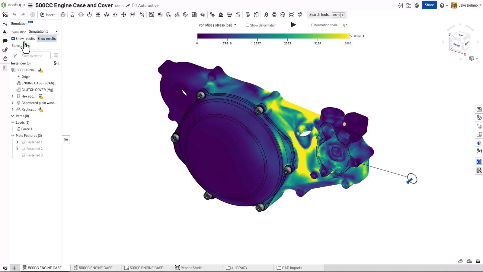 Simulation result on an engine case and cover showing von Mises stress distribution, highlighting stress levels across the mixed component (scan and BREP) in a CAD interface.