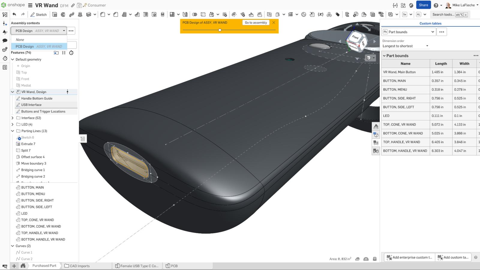 Onshape GUI showing a closeup of a 3D-modeled VR wand with PCB and in-context USB.